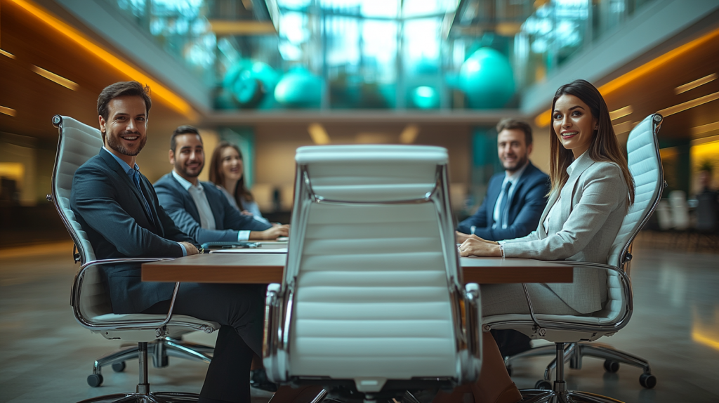 Boardroom is expecting a fractional CxO, for which an empty white chair is in fron of the table and all other bord members are smiling in direction to the empty chair.
