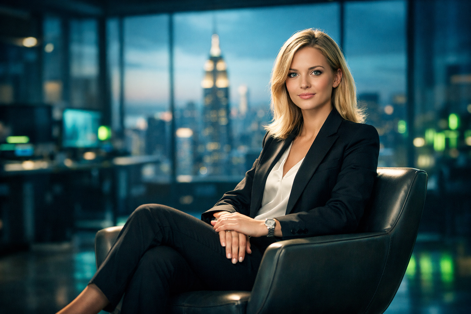 Executive woman in a futuristic office with the New York skyline, illustrating the intersection of visual AI, content authenticity, copyright law, and emerging AI regulations.