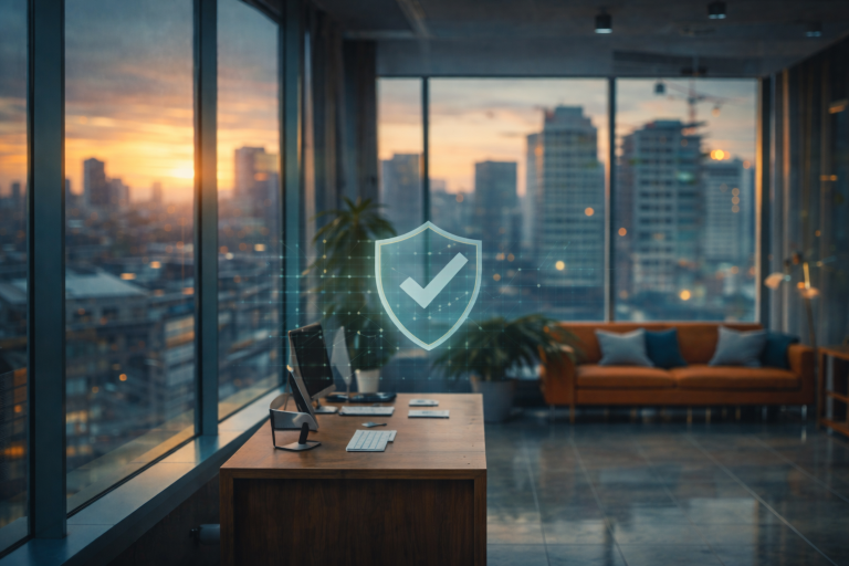 AI compliance framework for financial institutions – executive office skyline with security shield and AI network overlay